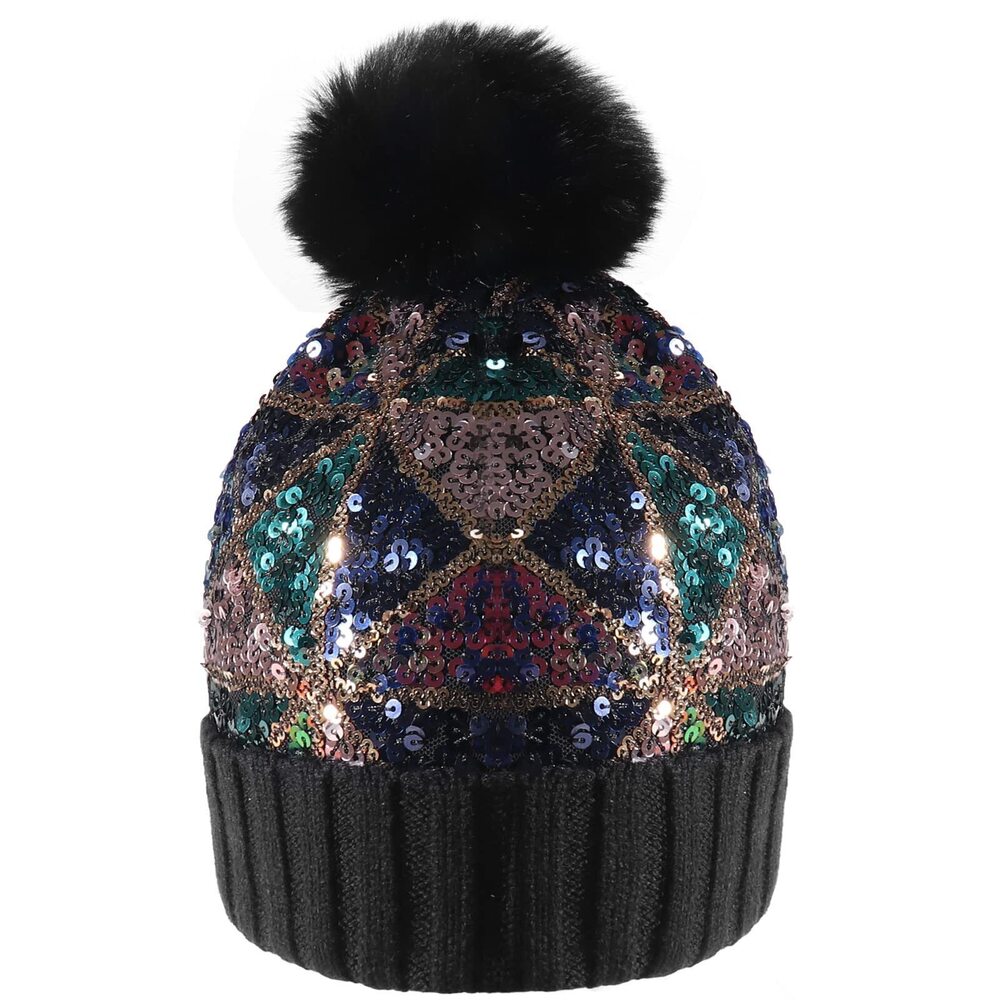 6075 Sequin Knitted Beanie Hat with Faux Fur Pom-Pom Shiny Bling Skull Cap